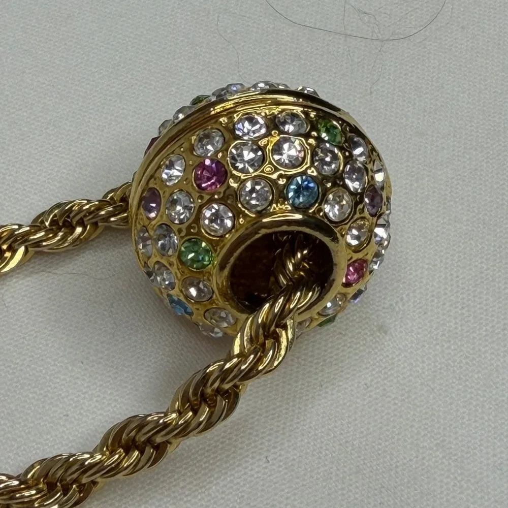 Gold Tone Rope Chain Multicolor Rhinestone Ball Slider Necklace Statement